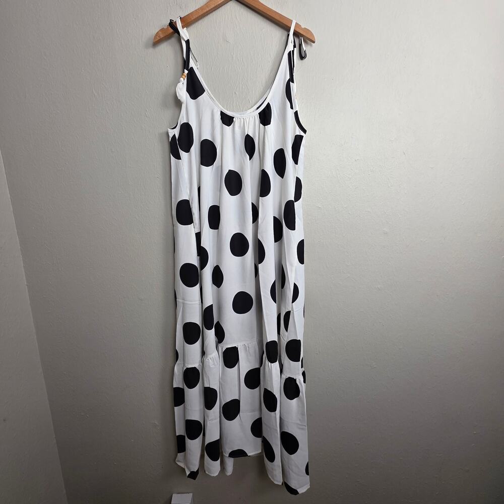 Oddi Polka White Black Dot Tassel Tie-Strap NWT Tiered Maxi Dress Large - Picture 9 of 13